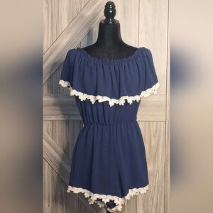 Papaya Women's Royal Blue One Piece Shorts Romper with Lace Trim. Size M